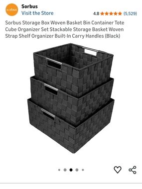 Sorbus Black Woven Storage Baskets - Set of 3